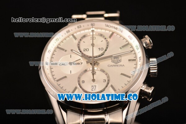Tag Heuer Carrera Calibre 1887 Chrono Swiss Valjoux 7750 Autoamtic Full Steel with White Dial and Stick Markers (ZF) - Click Image to Close